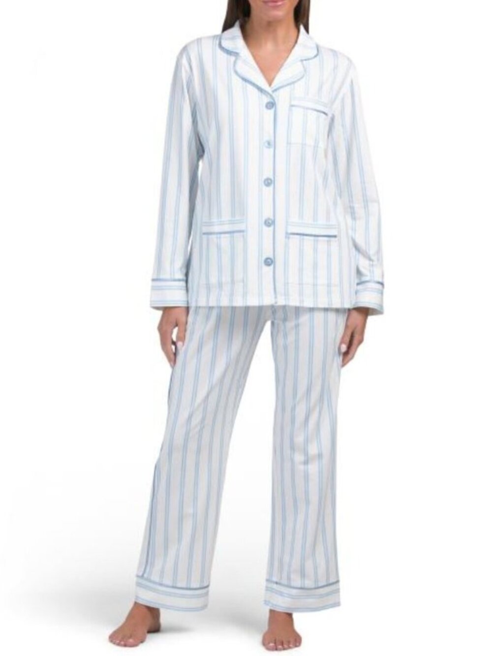 KIP 2pc Luxe Stretch Cotton Blend Striped Notch Collar Pajama Set